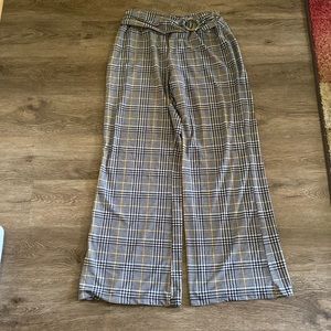 Robert Louis Plaid wide led dress pants. Black, white with yellow accents.